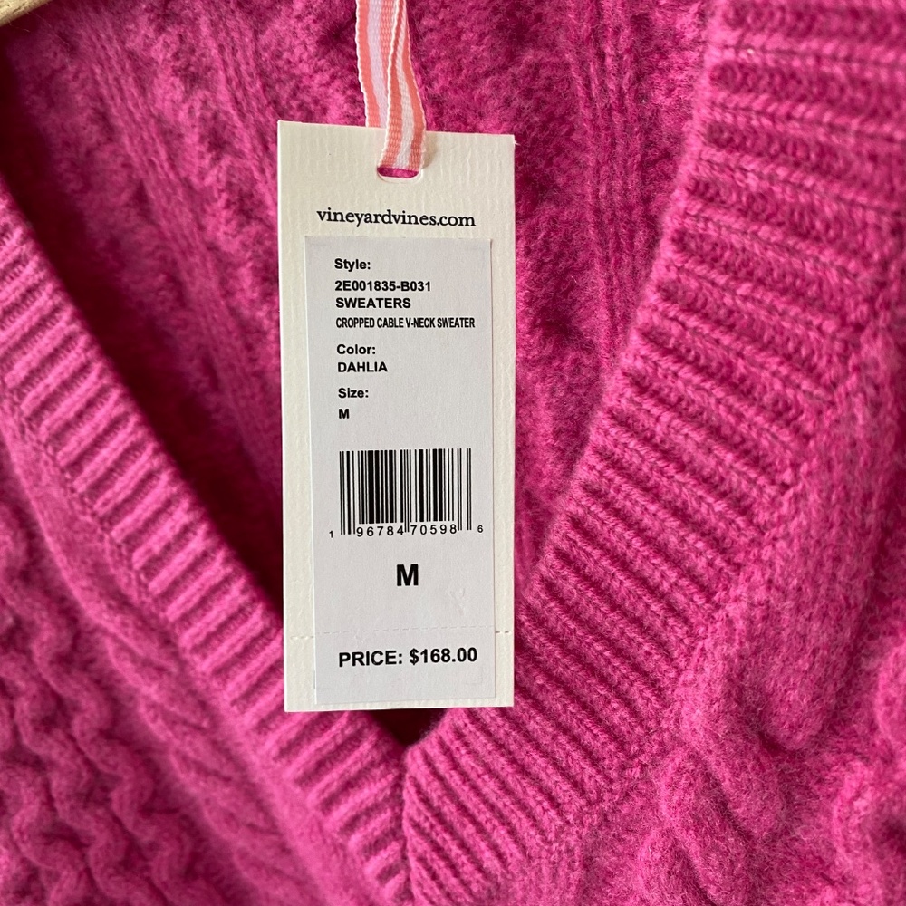 Vineyard Vines Cropped Cable V-Neck Fisherman Sweater in Dahlia Pink Size Medium - Picture 8 of 11